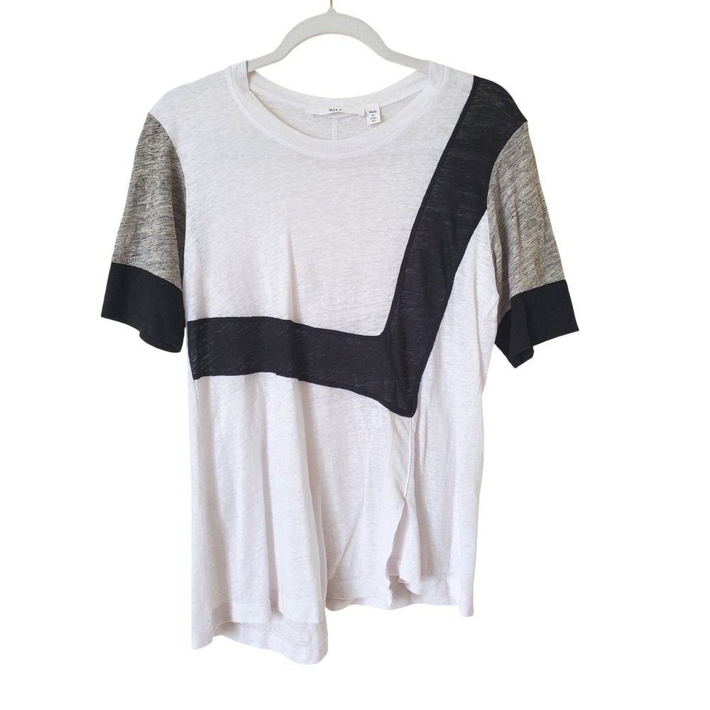 Wilt Womens 100% Linen Colorblock Asymmetric Hem T-Shirt White Black‎ Tee